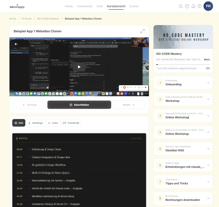 Screenshot aus dem eigenen Mitgliederbereich von NO CODE Mastery mit Kursübersicht und Terminplan