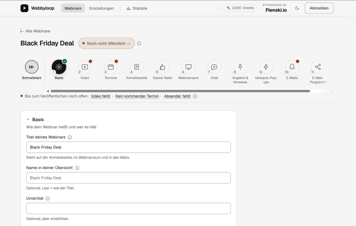 Screenshot aus dem eigenen Webbyloop-Zugang: Webinar-Editor mit elf sichtbaren Schritten von Basis bis E-Mail-Programm